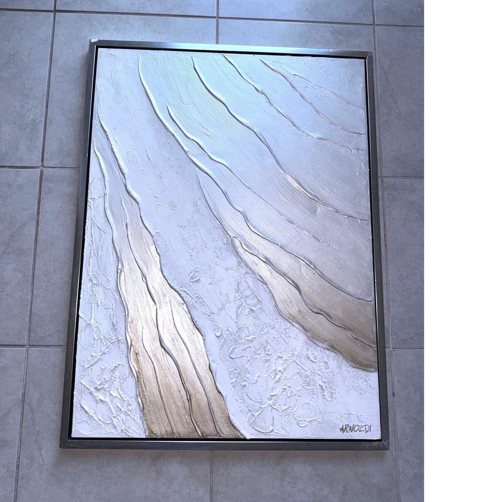 Arnoldi Abstract Textured Wall Art Silver Gold White Metallic Framed Painting